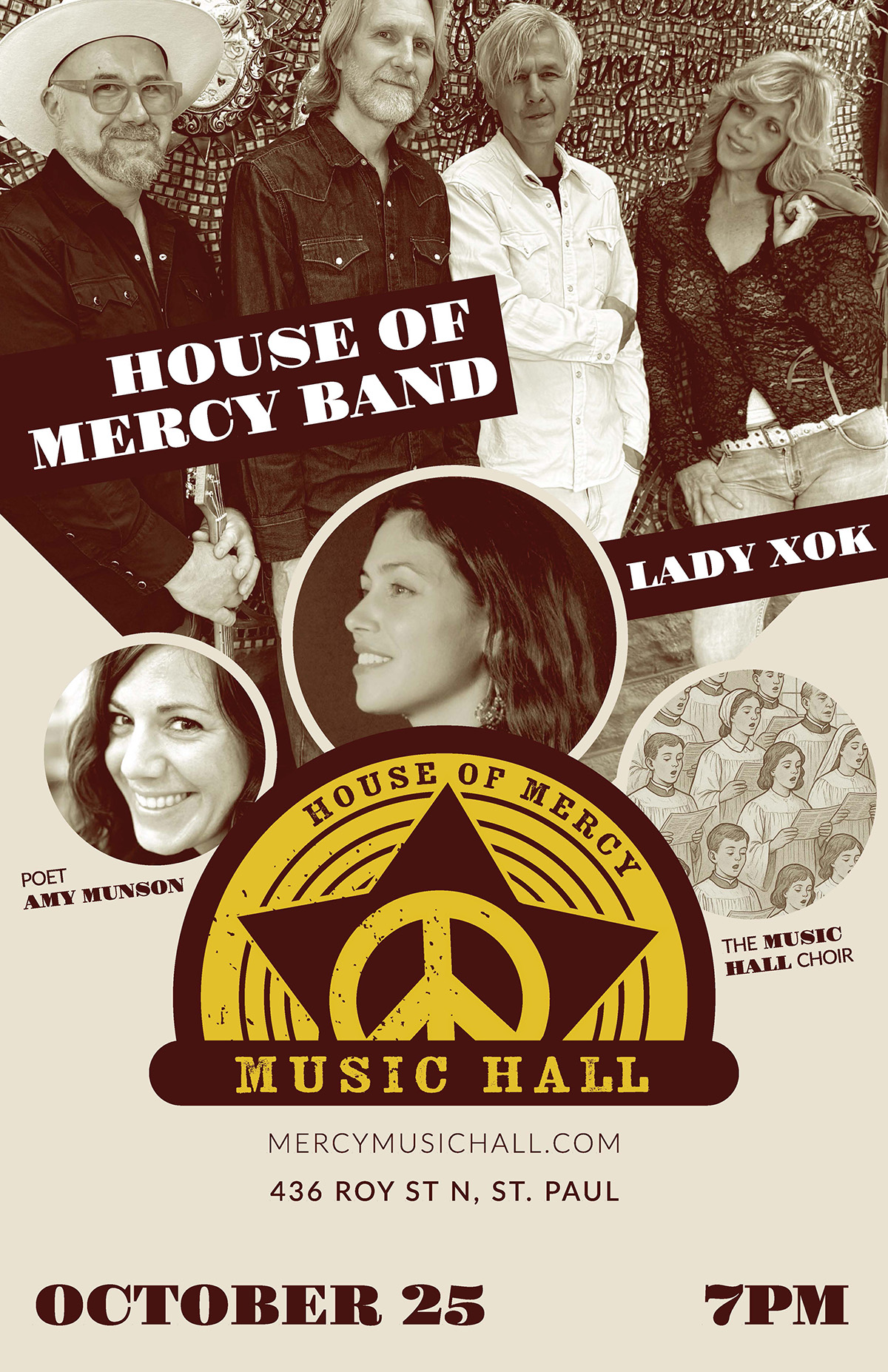 Poster featuring images of House of Mercy Band, Lady Xok, Amy Munson